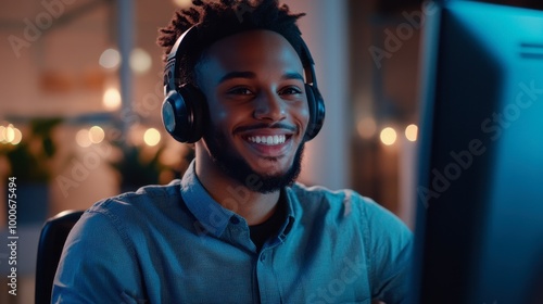 A friendly customer service representative wearing a headset, smiling while assisting a customer through a computer screen.