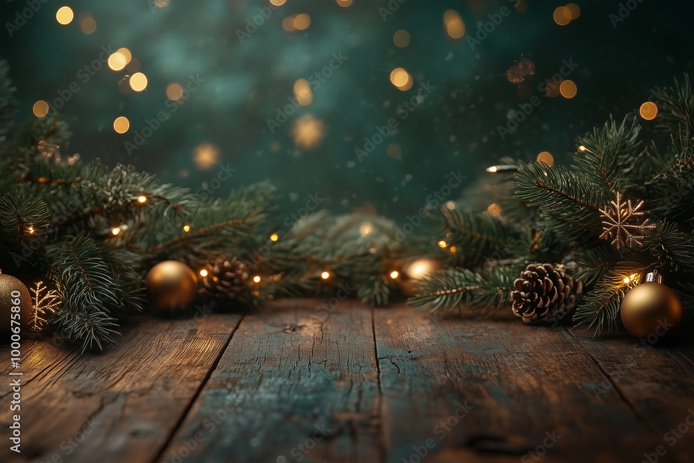 custom made wallpaper toronto digitalwooden table with a dark green background and golden lights, Christmas tree branches for product display or presentation blurred snowflakes falling in the air