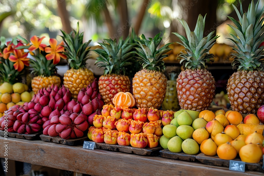 A colorful display of fresh pineapples, mangoes, and other tropical fruits at a market stall. A colorful display of fresh pineapples, mangoes, and other tropical fruits at a market stall.