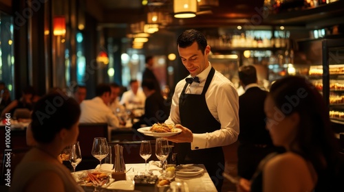 A restaurant manager assisting waitstaff with food orders during a busy dinner service, with tables full of customers.