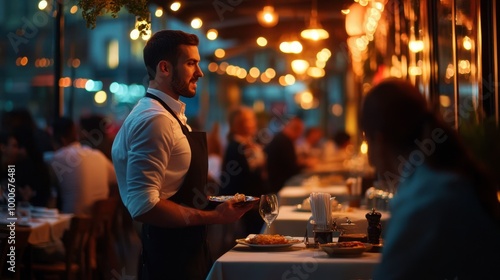 A restaurant manager assisting waitstaff with food orders during a busy dinner service, with tables full of customers.