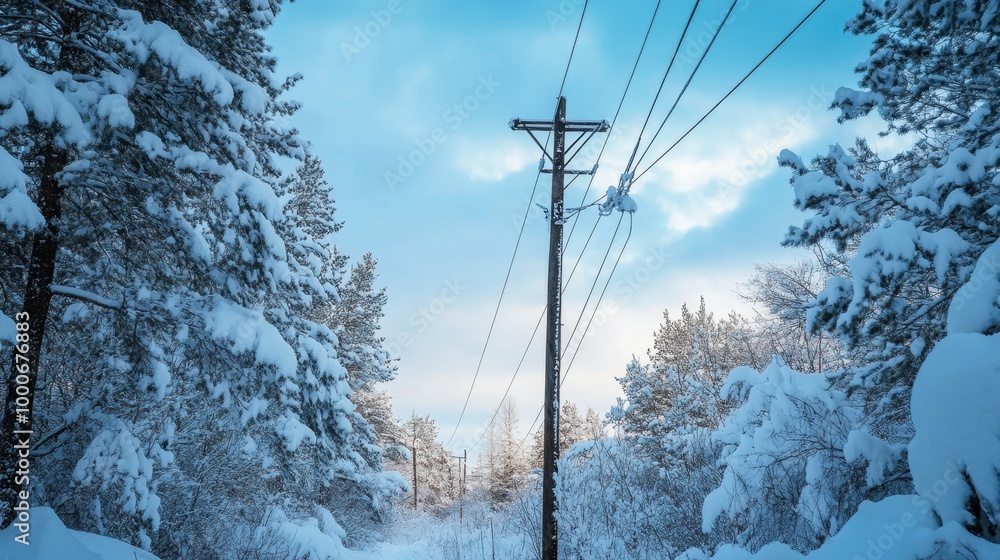 An electric pole standing tall amidst snow-covered trees in a quiet winter landscape, with power lines stretching overhead. An electric pole standing tall amidst snow-covered trees in a quiet winter landscape, with power lines stretching overhead.
