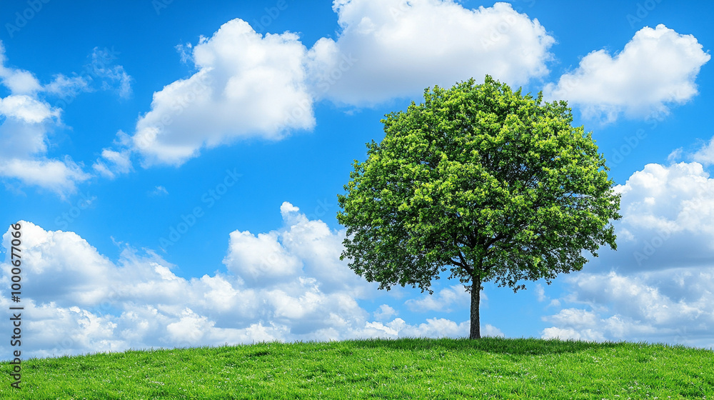 Obraz premium solitary tree stands majestically atop a grassy hill, symbolizing resilience and solitude. Its vibrant green leaves contrast against a clear blue sky, evoking feelings of peace and tranquility