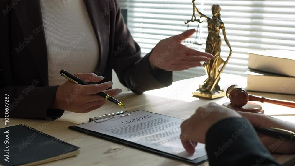 Lawyer explaining contract document in financial business investment, real estate to businessman sitting at desk before signing joint contract. Concept of law, litigation, protection law.