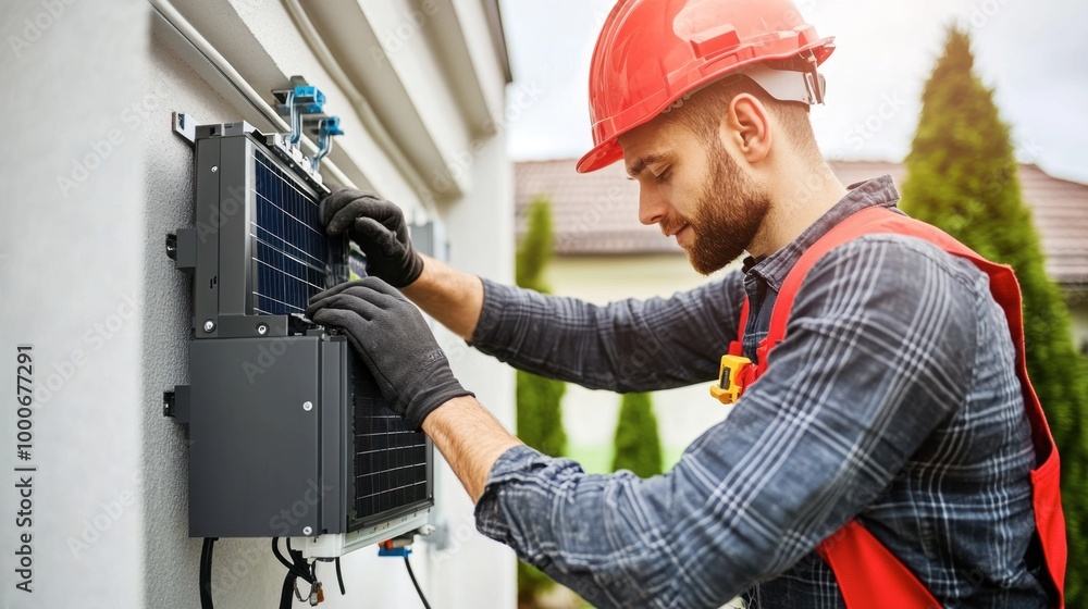 An electrician installing a solar power inverter on a residential roof. An electrician installing a solar power inverter on a residential roof.