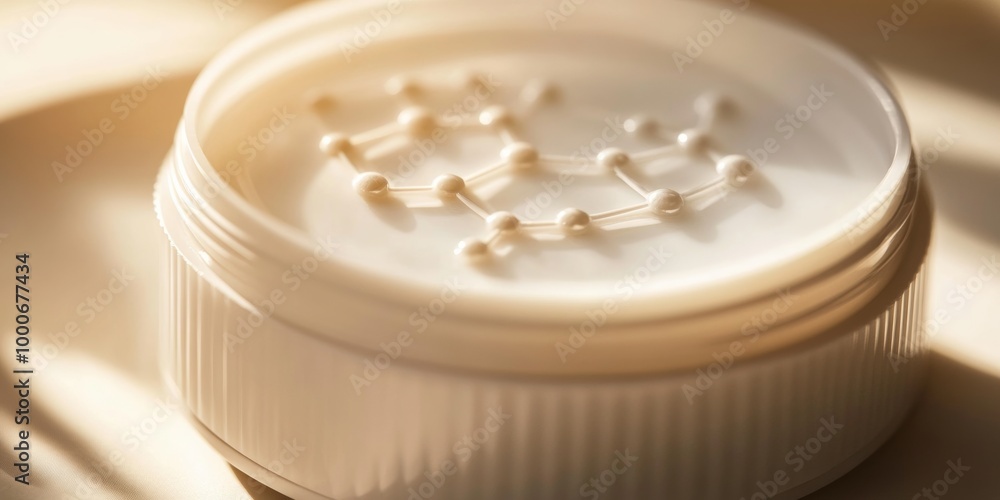 A close-up of a cosmetic cream jar with a molecular structure design on the label, emphasizing the connection between science and skincare A close-up of a cosmetic cream jar with a molecular structure design on the label, emphasizing the connection between science and skincare