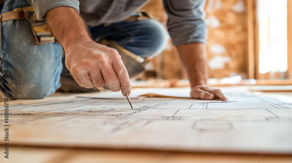 A construction worker kneels on the floor of a new home, using a pencil to mark a blueprint.