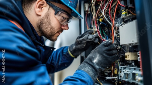 An electrician organizing wires inside a junction box, preparing it for installation.