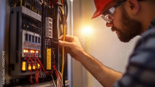 An electrician installing surge protectors in a residential electrical panel.