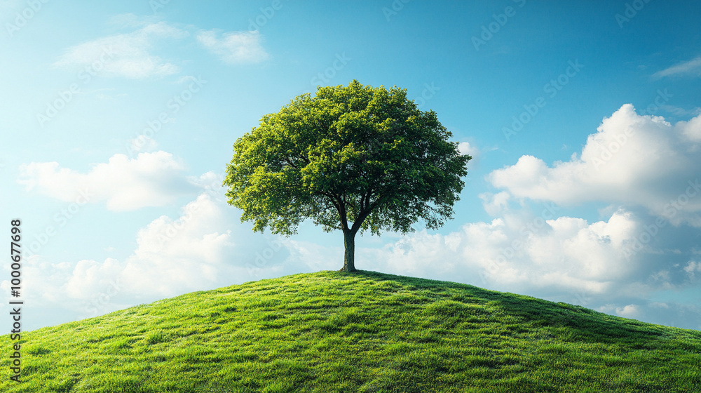 solitary tree stands majestically atop a grassy hill, symbolizing resilience and solitude. Its vibrant green leaves contrast against a clear blue sky, evoking feelings of peace and tranquility solitary tree stands majestically atop a grassy hill, symbolizing resilience and solitude. Its vibrant green leaves contrast against a clear blue sky, evoking feelings of peace and tranquility