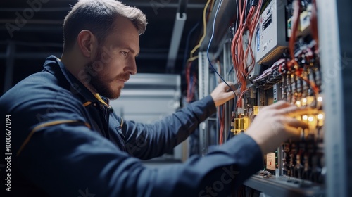 An electrician testing the power flow in a new electrical installation in a smart home.