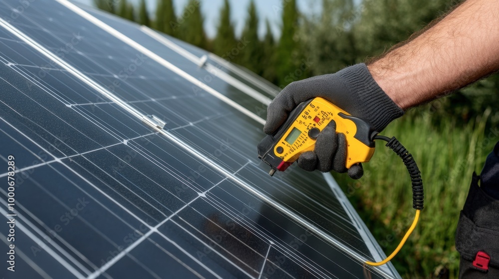 An electrician using a voltmeter to measure the electrical output of a solar panel. An electrician using a voltmeter to measure the electrical output of a solar panel.