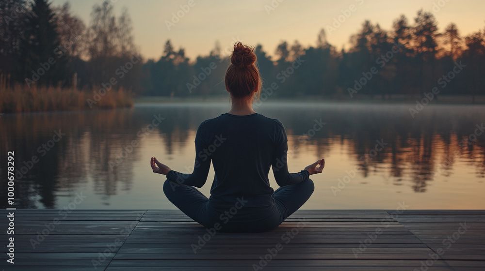 serene young woman, dressed in comfortable yoga attire, sits in a lotus position by a tranquil lake at sunrise. She embodies mindfulness and wellness, embracing inner peace through meditation serene young woman, dressed in comfortable yoga attire, sits in a lotus position by a tranquil lake at sunrise. She embodies mindfulness and wellness, embracing inner peace through meditation