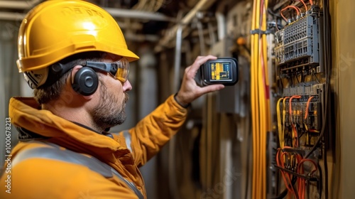 An electrician using a thermal imaging camera to check for hotspots in an electrical panel.