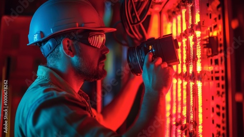 An electrician using a thermal imaging camera to check for hotspots in an electrical panel.