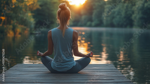 serene young woman, dressed in comfortable yoga attire, sits in a lotus position by a tranquil lake at sunrise. She embodies mindfulness and wellness, embracing inner peace through meditation