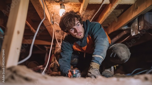 An electrician working in a crawl space, installing new electrical wiring in a home.