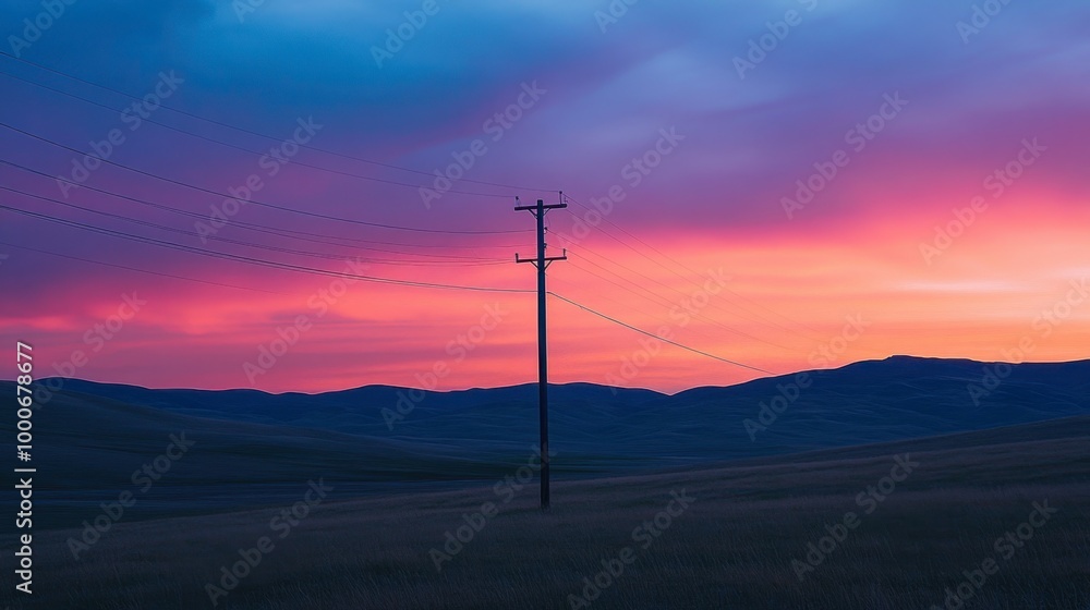 Obraz premium A single electric pole standing in the middle of a wide open plain, with rolling hills and a colorful sunset in the distance.