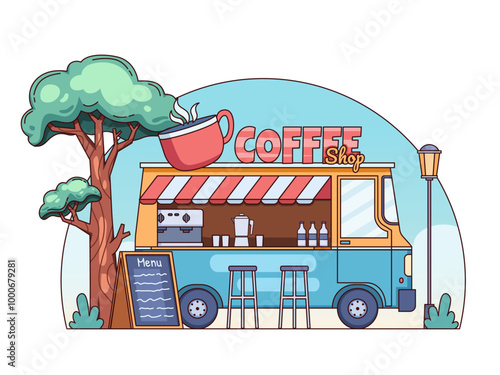 Illustration of a mobile coffee shop truck parked in a park, creating a cozy atmosphere. Perfect for coffee-themed design projects, landing pages, websites, social media, banners, etc.