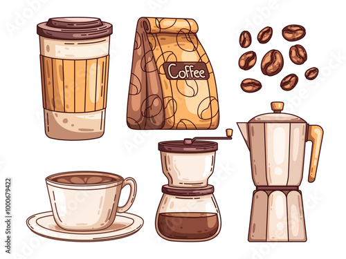 Illustration collection features a set of coffee-related items From a Coffee cup, coffee bag, coffee beans, cup of coffee, manual coffee grinder, Moka Pot.
Perfect for coffee themed design projects.