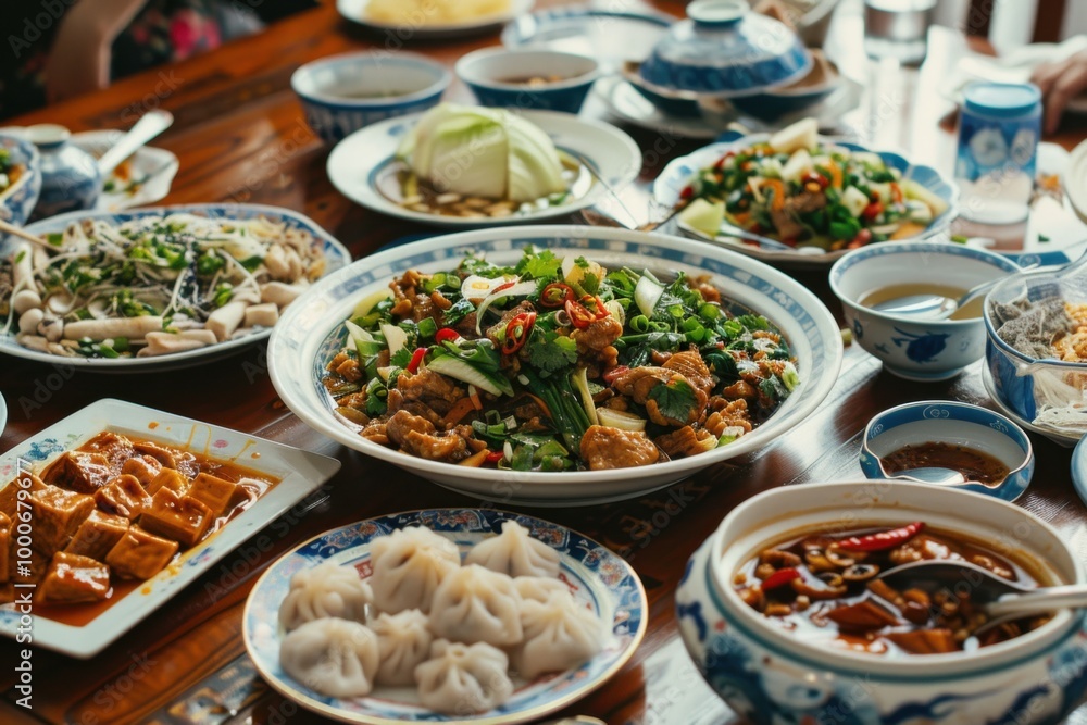 Vibrant Chinese Cuisine Table Spread Featuring an Array of Delicious Dishes for Dining Experience
Vibrant Chinese Cuisine Table Spread Featuring an Array of Delicious Dishes for Dining Experience