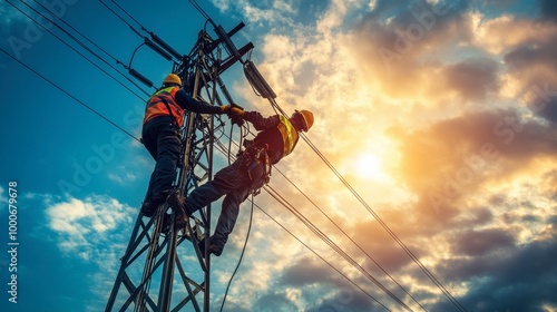 Electric pole with a maintenance crew working on power lines, with safety gear and equipment visible against the sky.