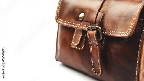 Brown leather gentleman bag with intricate stitching, isolated on white background, with a focus on craftsmanship and quality.