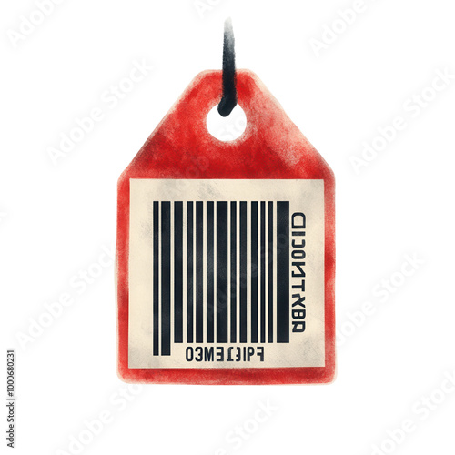 Vintage red price tag with barcode, ideal for shopping, retail, and inventory themed designs or marketing materials isolate on transparency background PNG. photo