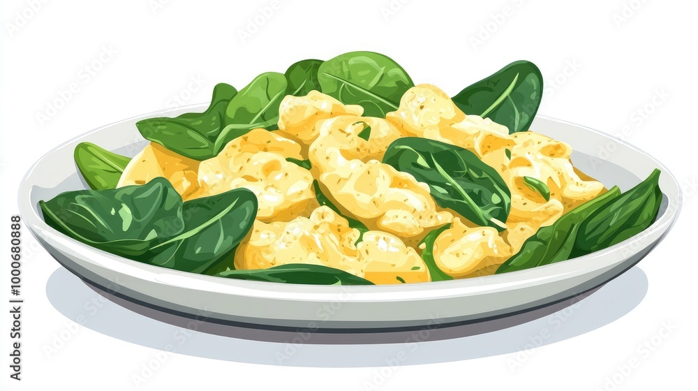 A plate of scrambled eggs with spinach, healthy breakfast meal, cartoon style, vibrant tones, isolated on white background A plate of scrambled eggs with spinach, healthy breakfast meal, cartoon style, vibrant tones, isolated on white background