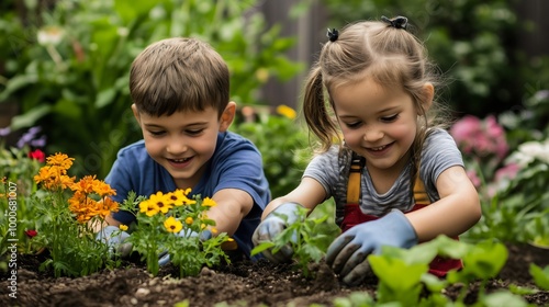 Boy and Girl Siblings Caring for Nature: A Family Bonding in the Garden, Tending to Soil and Flowers in Spring, Embracing Ecology and Outdoor Happiness Together During Cheerful Days.