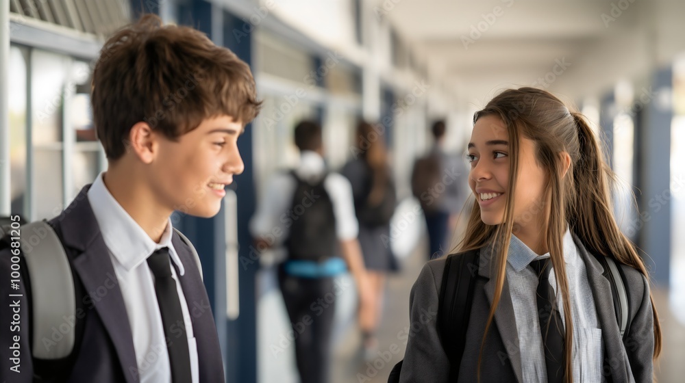 Friends Smiling and Engaging in Conversation at School: A Male and Female Teenage Student Enjoying Their Time talking Together at College, Embracing the Spirit of Communication and Learning. Friends Smiling and Engaging in Conversation at School: A Male and Female Teenage Student Enjoying Their Time talking Together at College, Embracing the Spirit of Communication and Learning.