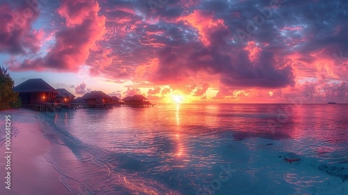 Fototapeta Naklejka Na Ścianę i Meble -  Beautiful sunset at Maldives island with water bungalows.