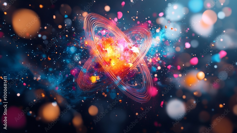 An artistic representation of an exploding atom with colorful particles dispersing, symbolizing energy and science An artistic representation of an exploding atom with colorful particles dispersing, symbolizing energy and science