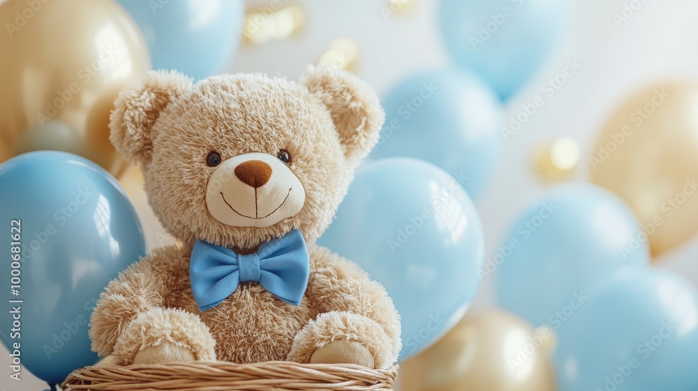 Adorable Teddy Bear with Blue Bow Tie in Basket Surrounded by Blue and Gold Balloons for Celebrations Adorable Teddy Bear with Blue Bow Tie in Basket Surrounded by Blue and Gold Balloons for Celebrations