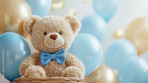 Wallpaper Mural Adorable Teddy Bear with Blue Bow Tie in Basket Surrounded by Blue and Gold Balloons for Celebrations Torontodigital.ca