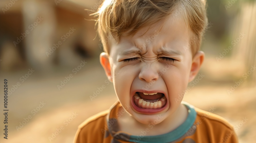 Unhappy Child: A Sad, Crying Toddler Boy with an Emotion-filled Face. This Portrait Captures the Frustration and Pain of Childhood, Showcasing the Innocence and Anger of a Young, little Upset Kid.
