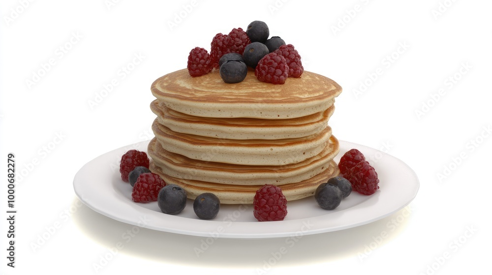 A stack of whole grain pancakes with berries, healthy breakfast dish, 3D render, natural tones, isolated on white background A stack of whole grain pancakes with berries, healthy breakfast dish, 3D render, natural tones, isolated on white background