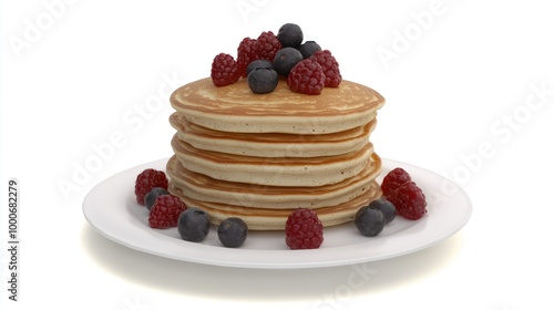 A stack of whole grain pancakes with berries, healthy breakfast dish, 3D render, natural tones, isolated on white background 