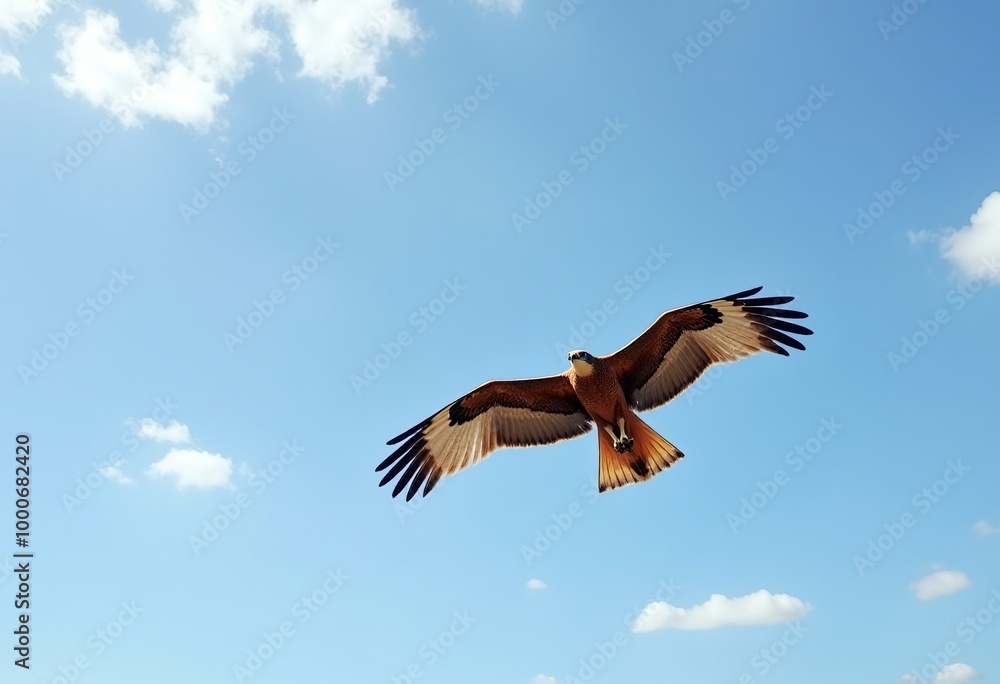 Obraz premium Majestic Honey Buzzard in Flight: Panoramic Sky Photography - Ultra-Wide Angle Capture of Soaring Raptor with Outstretched Wings Against Blue Heavens