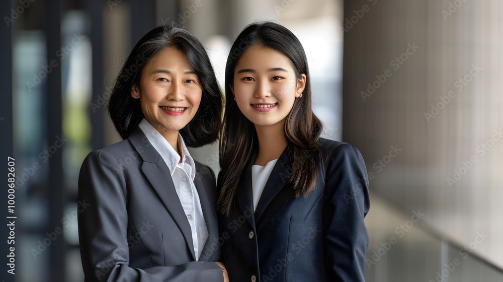 Smiling Mother and Daughter Posing Together: An Elegant Asian family Businesswoman in a Suit with Her Teenage Daughter, Celebrating Their Success and Confidence in a Professional Office Portrait. Smiling Mother and Daughter Posing Together: An Elegant Asian family Businesswoman in a Suit with Her Teenage Daughter, Celebrating Their Success and Confidence in a Professional Office Portrait.