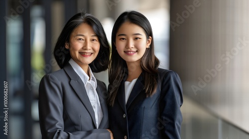 Smiling Mother and Daughter Posing Together: An Elegant Asian family Businesswoman in a Suit with Her Teenage Daughter, Celebrating Their Success and Confidence in a Professional Office Portrait.