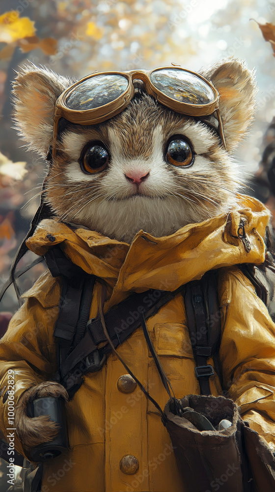 Cute furry creature in yellow jacket and goggles. Cute furry creature in yellow jacket and goggles.