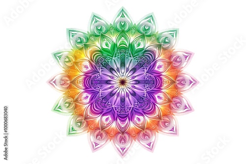 Mandala, tracery wheel mehndi design. Ethnic ornament, colorful doodle symmetry texture. Folk traditional spiritual tribal design. Curved shape, isolated on white.