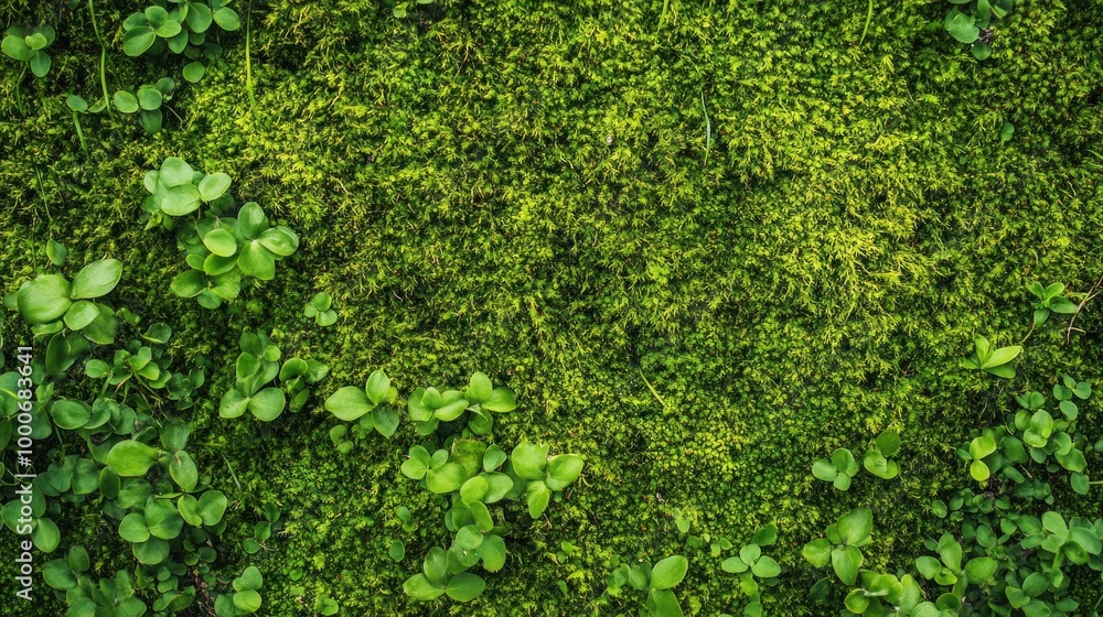 A vibrant green mossy surface with small plants, showcasing natural textures. A vibrant green mossy surface with small plants, showcasing natural textures.