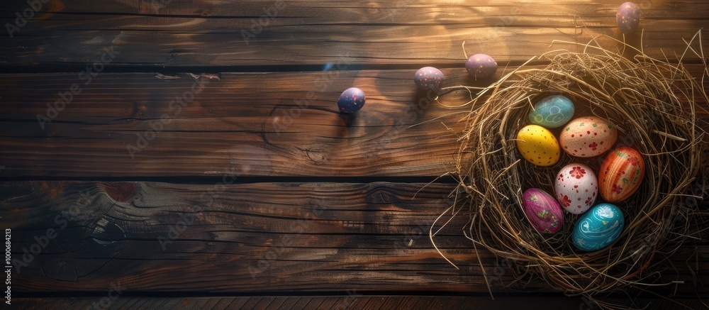 Naklejka premium High Angle View Of Easter Eggs In Nest On Wooden Table