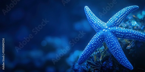 Close-up of a starfish in an underwater scene of the ocean, with dark blue background exhibiting aquatic wonders and marine life.