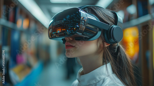 female student wearing a VR headset engages with an AI-driven learning platform. The image symbolizes the intersection of technology and education, representing innovation, future learning, and digita