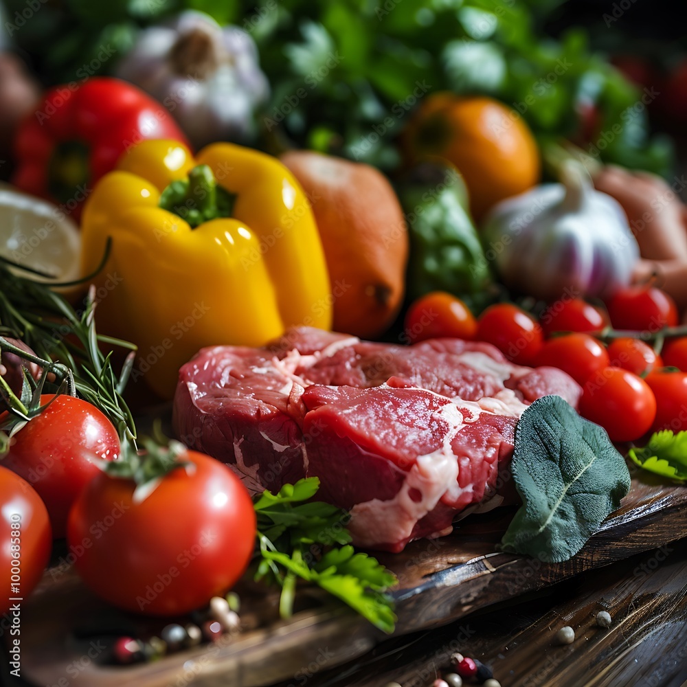 Raw meat on cutting board with vegetables on wooden table in kitchen, closeup Raw meat on cutting board with vegetables on wooden table in kitchen, closeup