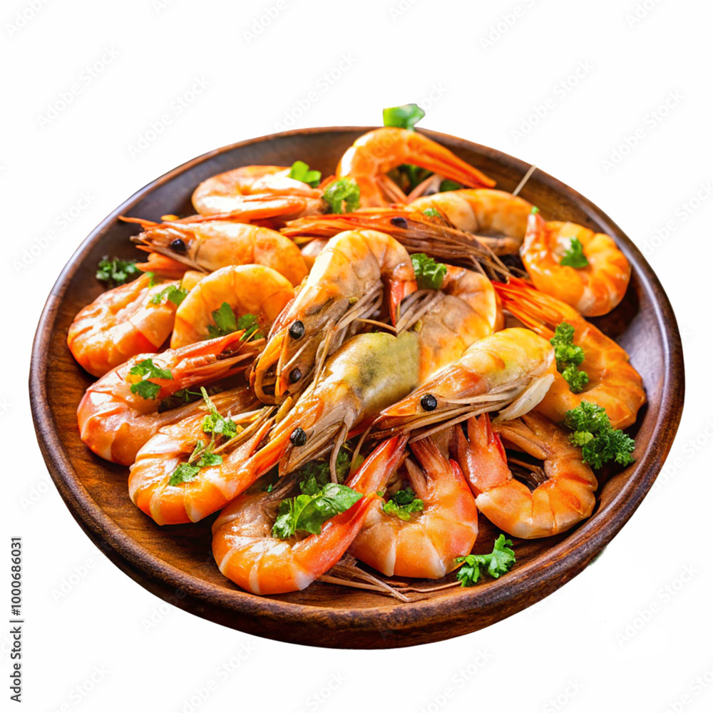 Delicious, cooked shrimp seasoned with herbs isolated on transparent background Delicious, cooked shrimp seasoned with herbs isolated on transparent background