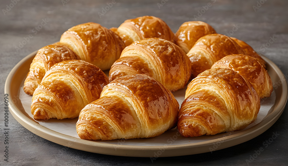 A close-up of freshly baked French croissant, with golden-brown edges and delicate, flaky layers, placed on parchment paper for easy cleanup after the party A close-up of freshly baked French croissant, with golden-brown edges and delicate, flaky layers, placed on parchment paper for easy cleanup after the party